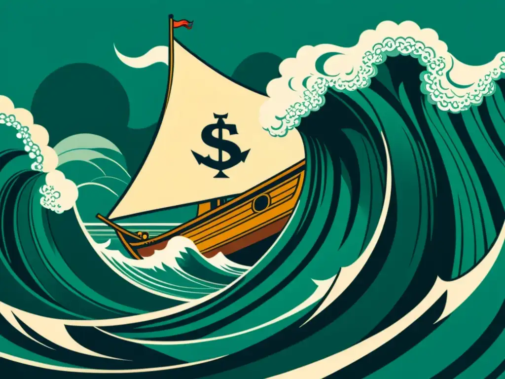 Una ilustración vintage de un majestuoso barco navegando en olas turbulentas, con el símbolo de Revolution de las stablecoins en su vela