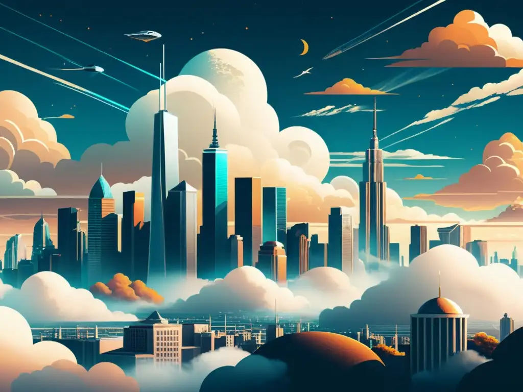 Una ilustración vintage de un skyline futurista con rascacielos imponentes que se elevan hacia las nubes