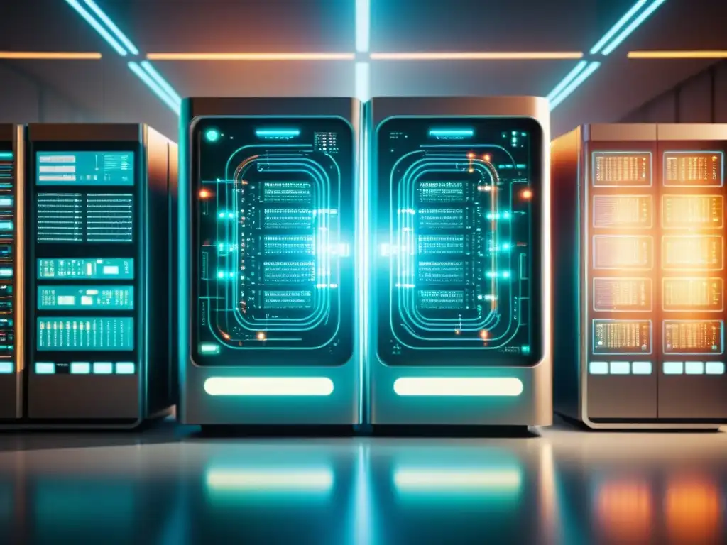 Una ilustración vintage de un supercomputador rodeado de visualizaciones de datos médicos, con líneas brillantes y circuitos al estilo de la vieja ciencia ficción