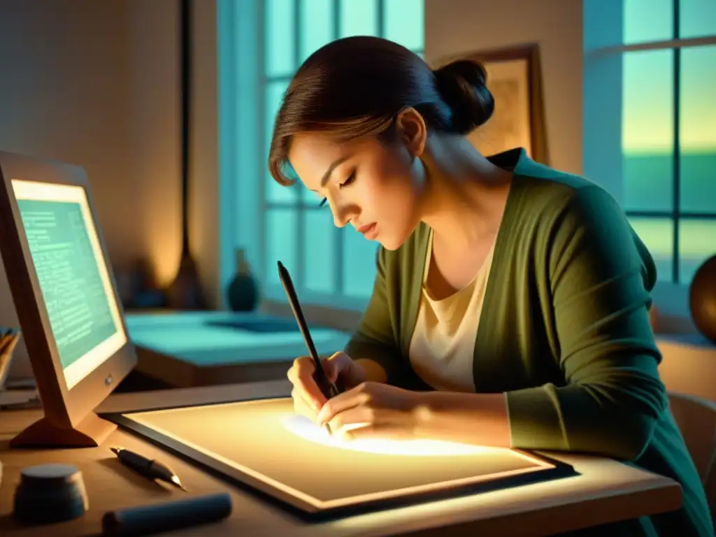 Un ilustrador usa una tableta gráfica en un estudio iluminado por luz natural, con suministros de arte clásicos