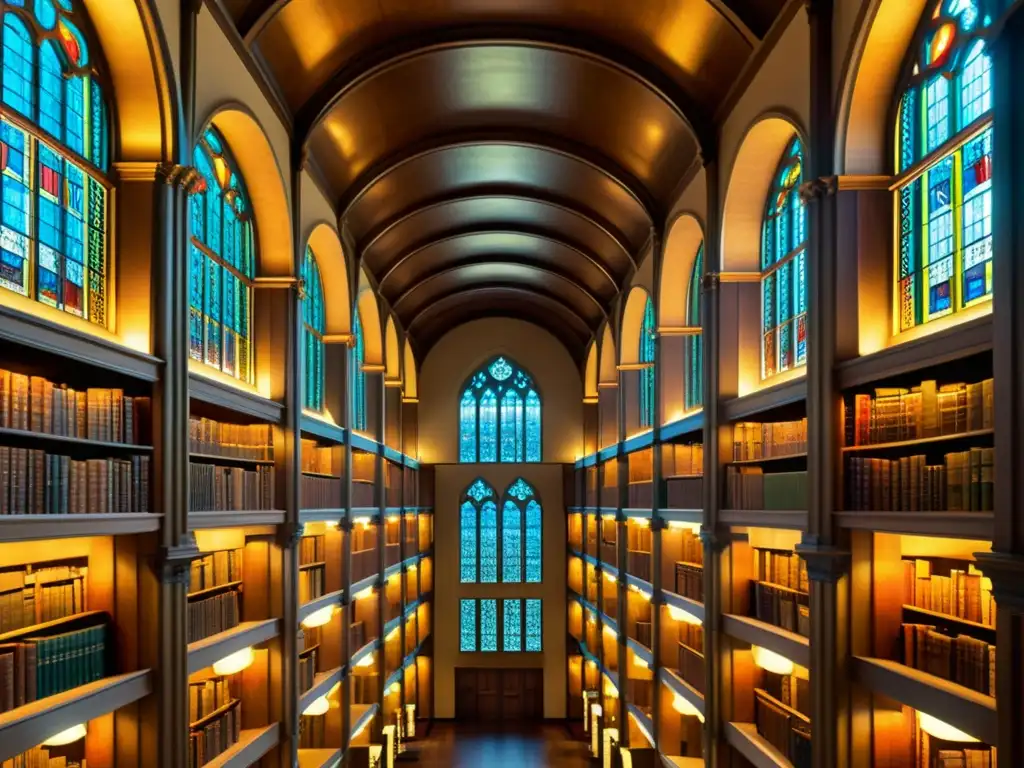 Imagen de una antigua biblioteca con libros sobre antiguas arquitecturas de software, bañada en cálida luz dorada y envuelta en sabiduría atemporal