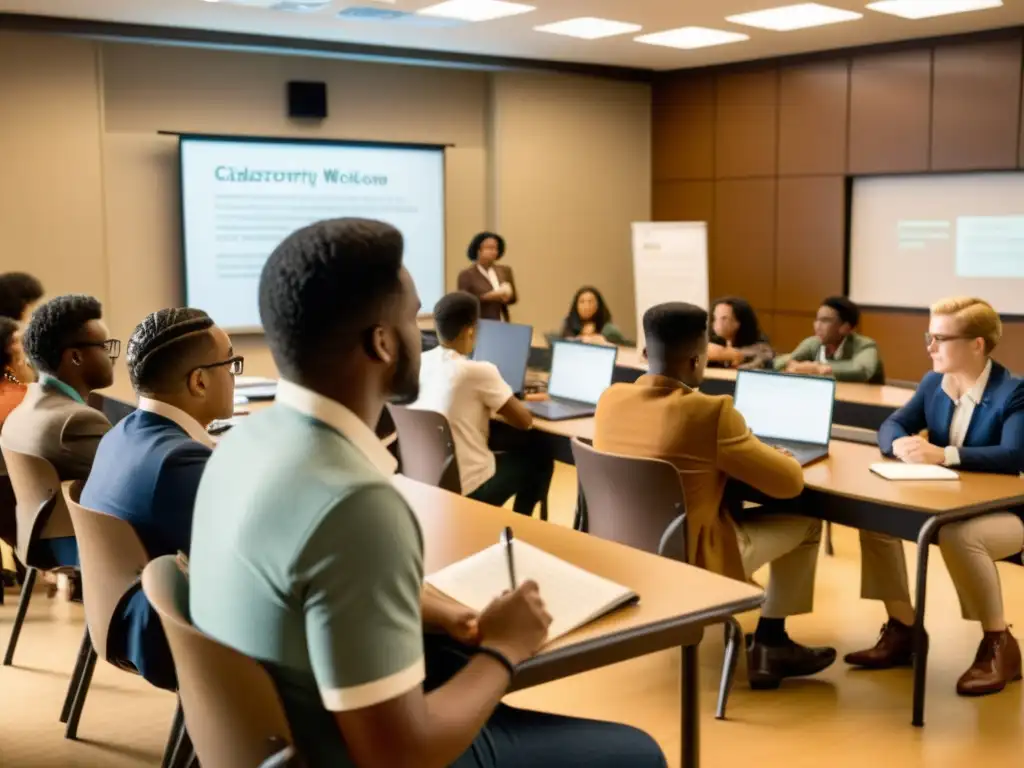 Imagen de aula vintage con diversidad de estudiantes participando en un taller de ciberseguridad, preparación estudiantes desafíos ciberseguridad