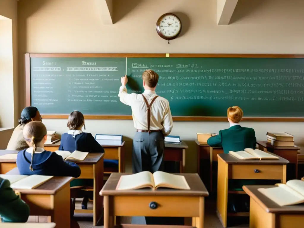 Una imagen de aula vintage con estudiantes tomando apuntes, rodeada de carteles educativos antiguos y mapas