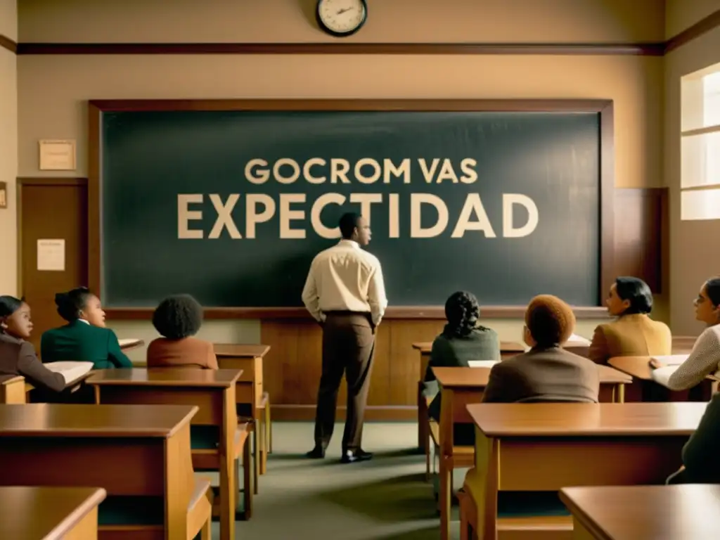 Expectativas vs Imagen de aula vintage con pizarra que muestra 'Expectativas vs