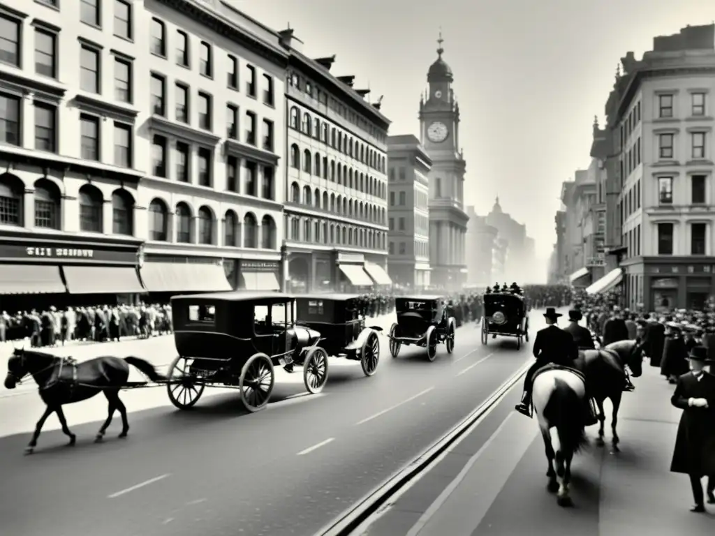 Imagen en blanco y negro de una bulliciosa calle de ciudad antigua con edificios altos, personas vestidas a la antigua y carruajes