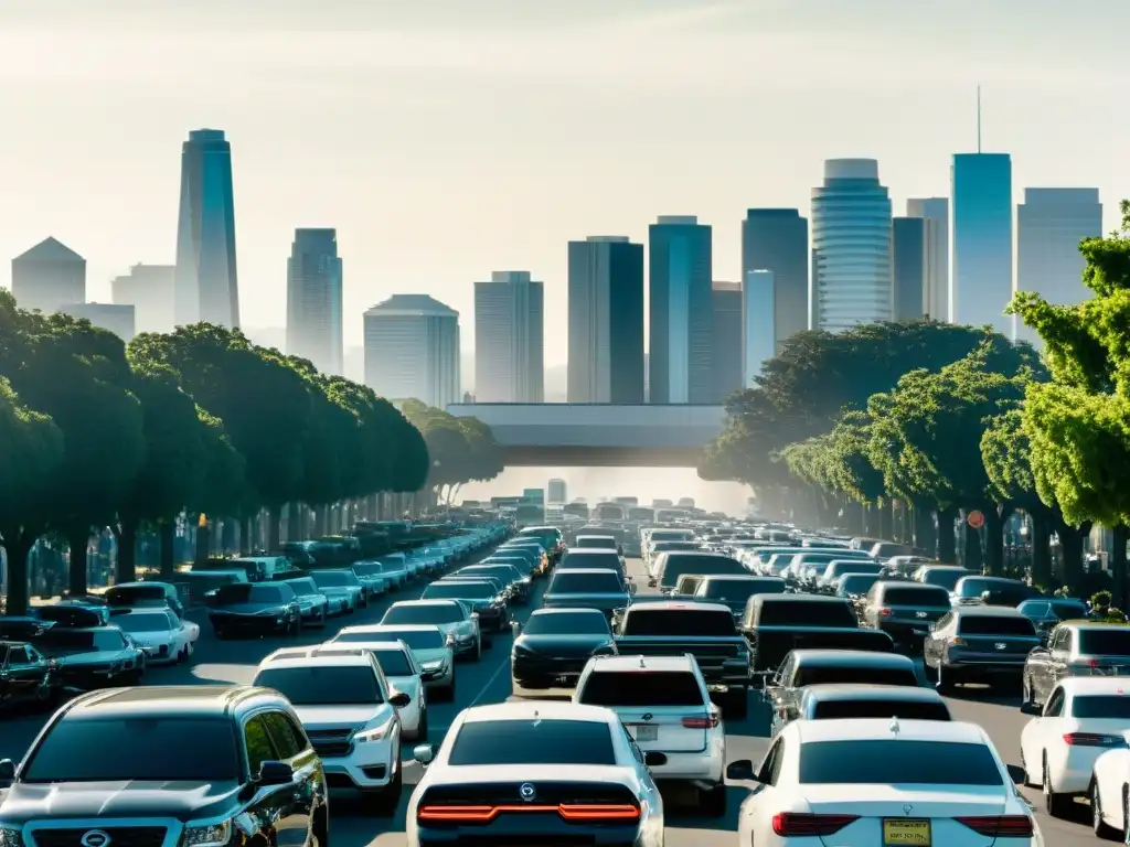 Imagen en blanco y negro de una bulliciosa calle de Silicon Valley, llena de edificios tecnológicos y vehículos antiguos y modernos