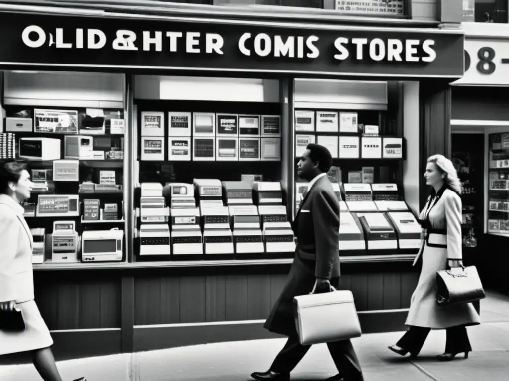 Imagen en blanco y negro de una bulliciosa calle de la ciudad llena de tiendas de tecnología antiguas