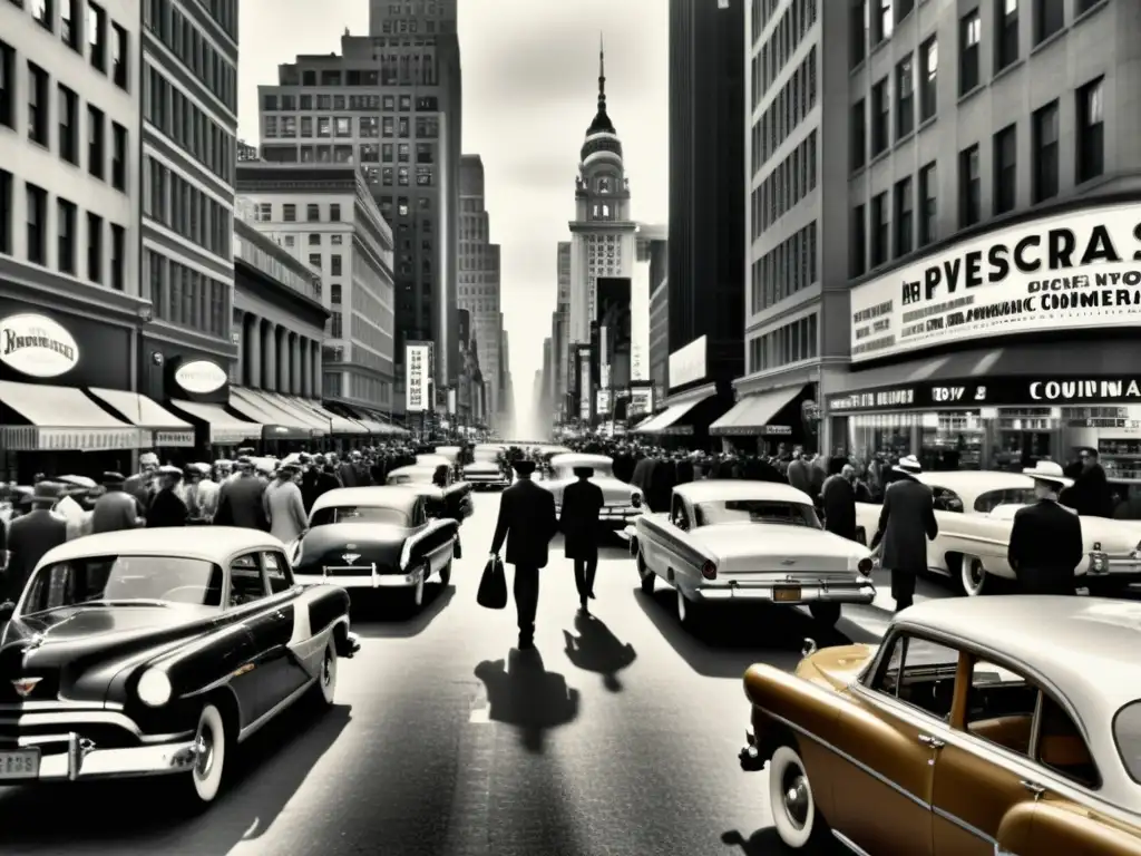 Imagen en blanco y negro de una bulliciosa calle de la ciudad con autos clásicos y peatones, evocando la evolución de la interactividad en Internet