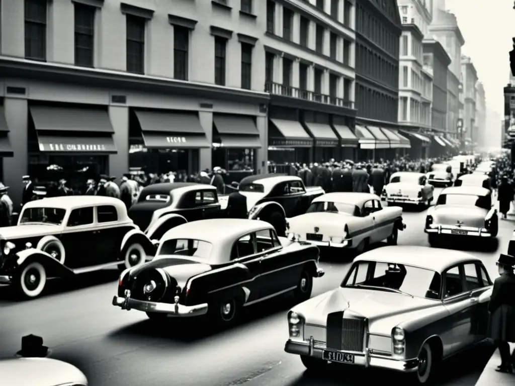 Imagen en blanco y negro de una bulliciosa calle de la ciudad de época, con autos antiguos y personas vestidas de forma retro