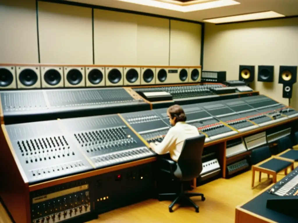 Imagen en blanco y negro de un bullicioso estudio de música electrónica de los años 70, con una atmósfera creativa y dinámica que refleja el impacto de la computación en la música electrónica