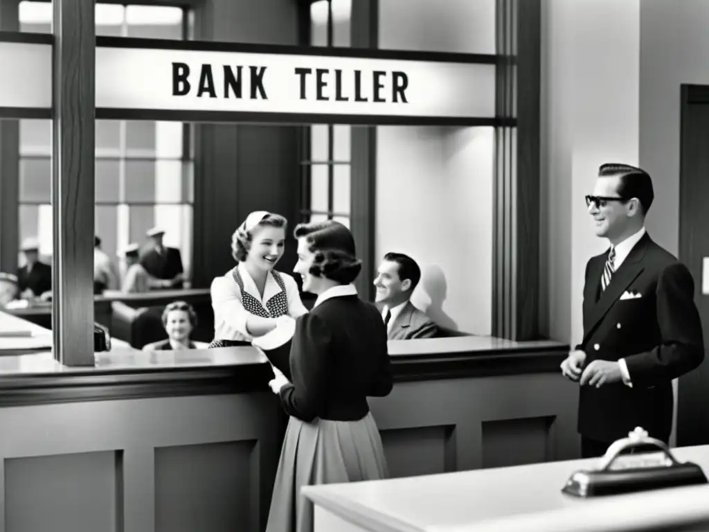 Imagen en blanco y negro de un cajero bancario atendiendo a un cliente en la ventana, con una fila de personas esperando