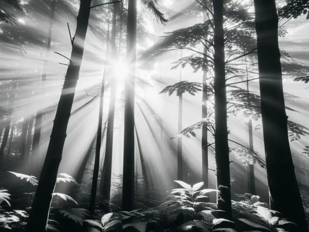 Imagen en blanco y negro de un exuberante bosque, con luz solar filtrándose entre el dosel