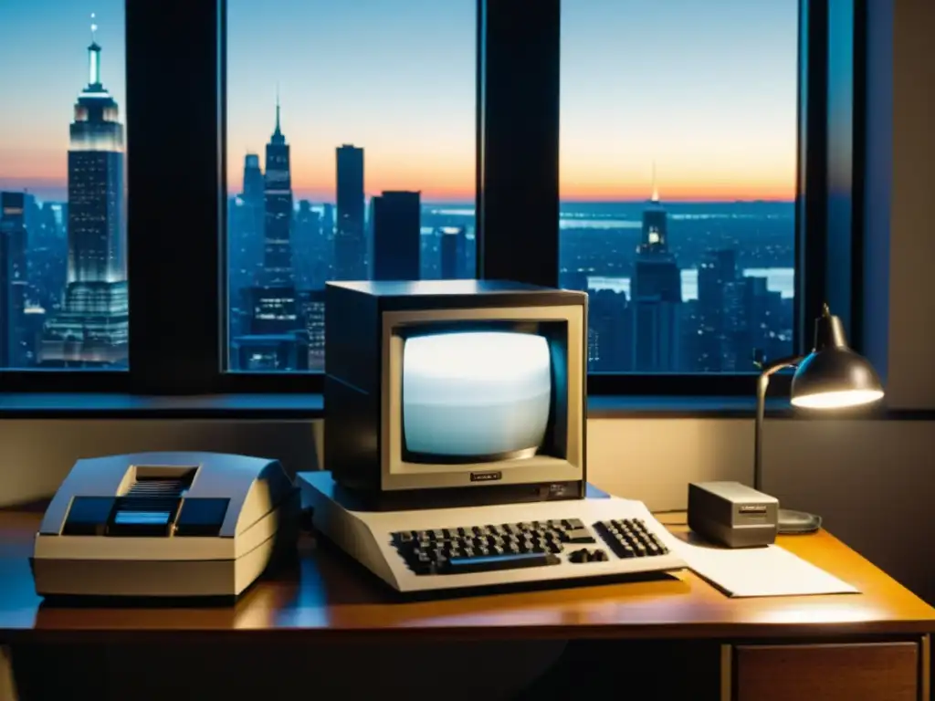 Una imagen en blanco y negro de una habitación con una computadora personal clásica de los años 80 rodeada de disquetes y un teléfono rotativo