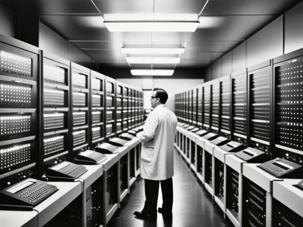 Imagen en blanco y negro de un laboratorio de computación vintage con grandes computadoras principales y técnicos en batas blancas