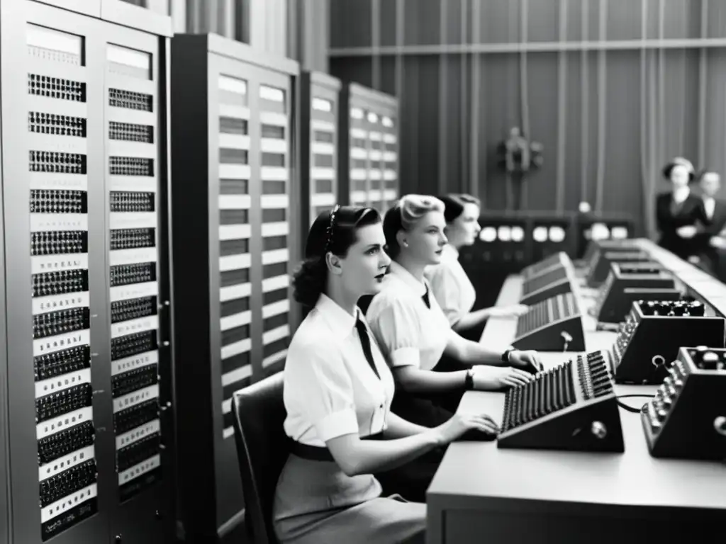 Imagen en blanco y negro de las mujeres pioneras programadoras en la sala de computadoras ENIAC, exudando determinación e inteligencia