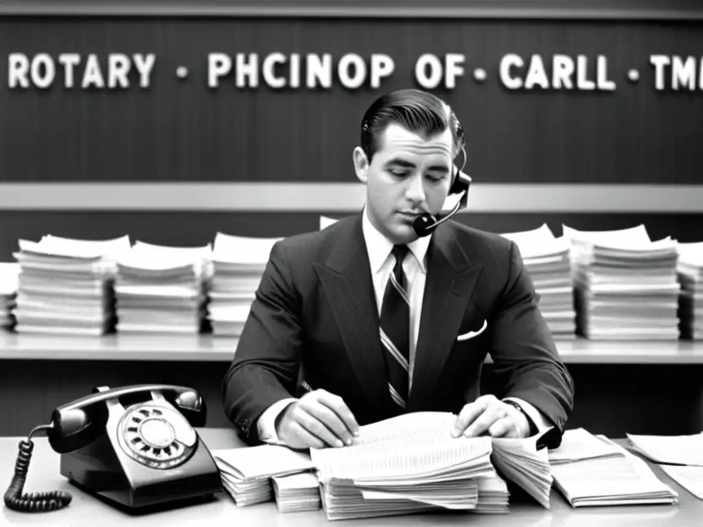 Imagen en blanco y negro de persona en traje, observando atentamente una máquina de cinta de ticker en un escritorio, evocando la historia y evolución de las plataformas de trading y la computación