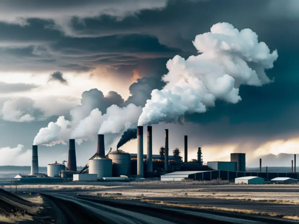 Una imagen en blanco y negro muestra una planta industrial minera, con altas chimeneas humeantes