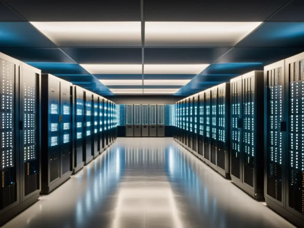 Imagen en blanco y negro de una sala llena de primeras supercomputadoras, con técnicos trabajando en las máquinas y paneles de control