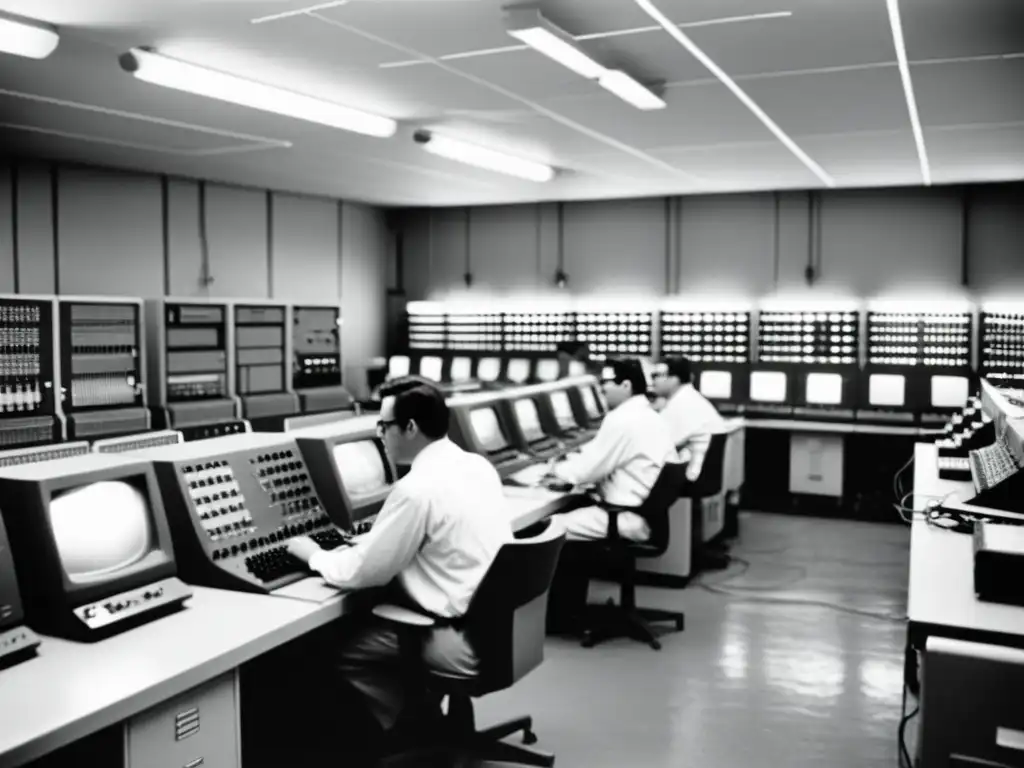 Imagen en blanco y negro de una sala de computadoras vintage, con un ambiente nostálgico que muestra la evolución de la computación 8 bits