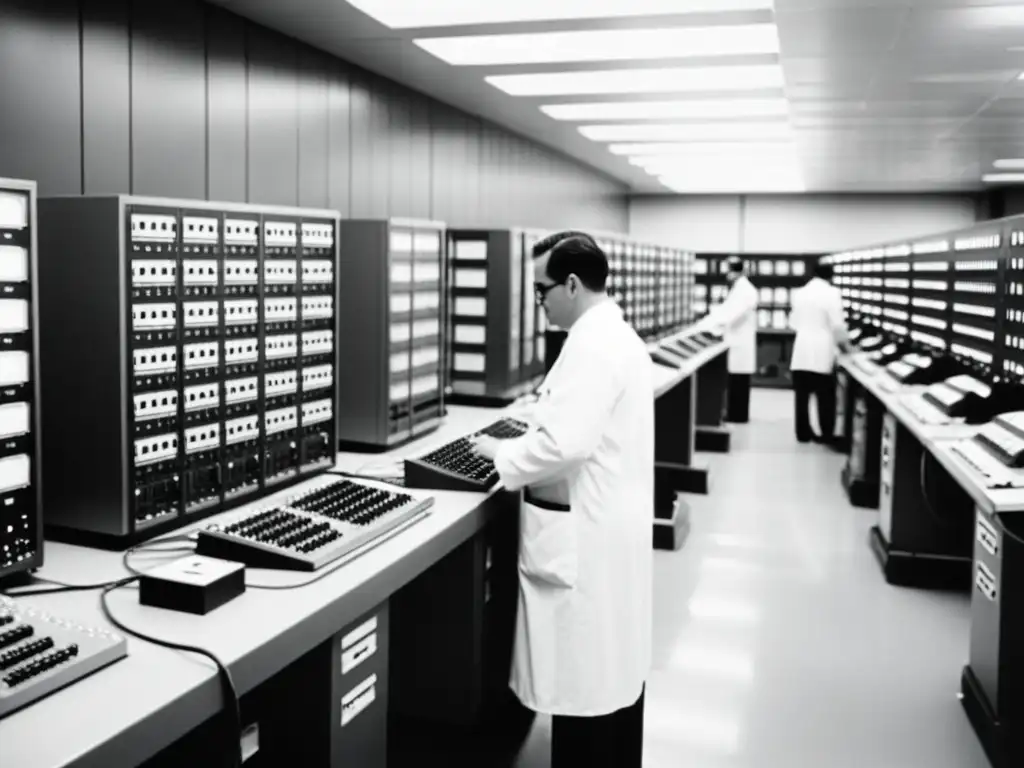 Imagen en blanco y negro de una sala de computadoras vintage con artistas visuales trabajando en mainframes, cables y tecnología histórica