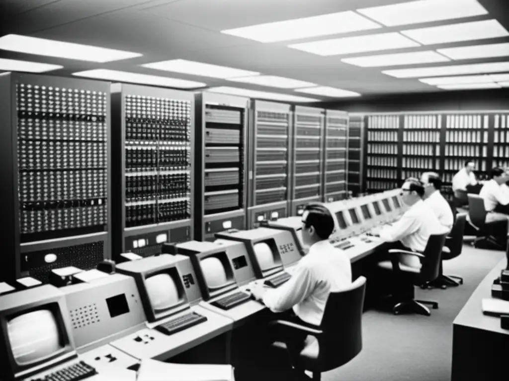 Imagen en blanco y negro de sala llena de equipos informáticos antiguos, evocando la evolución de lenguajes de programación en los últimos 60 años