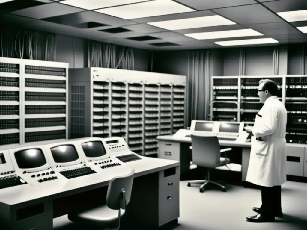 Imagen en blanco y negro de una sala de computadoras de los años 60, con un gran mainframe, técnicos y cables