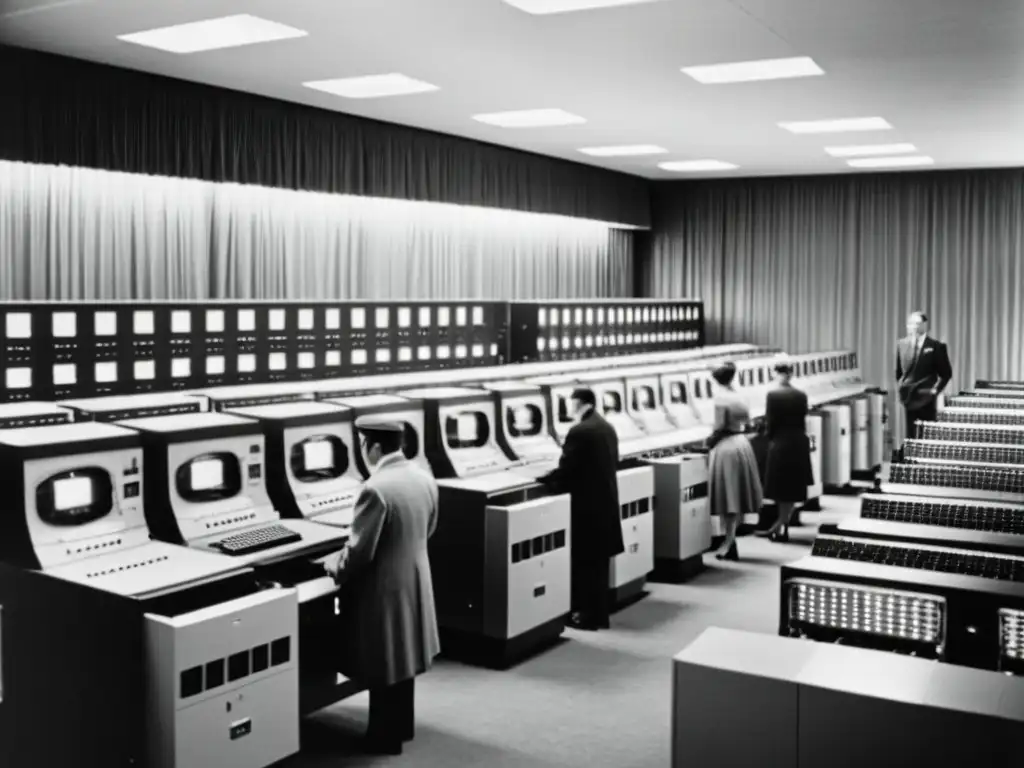 Imagen en blanco y negro de una sala llena de equipos informáticos antiguos, con tecnología de vanguardia de los años 60