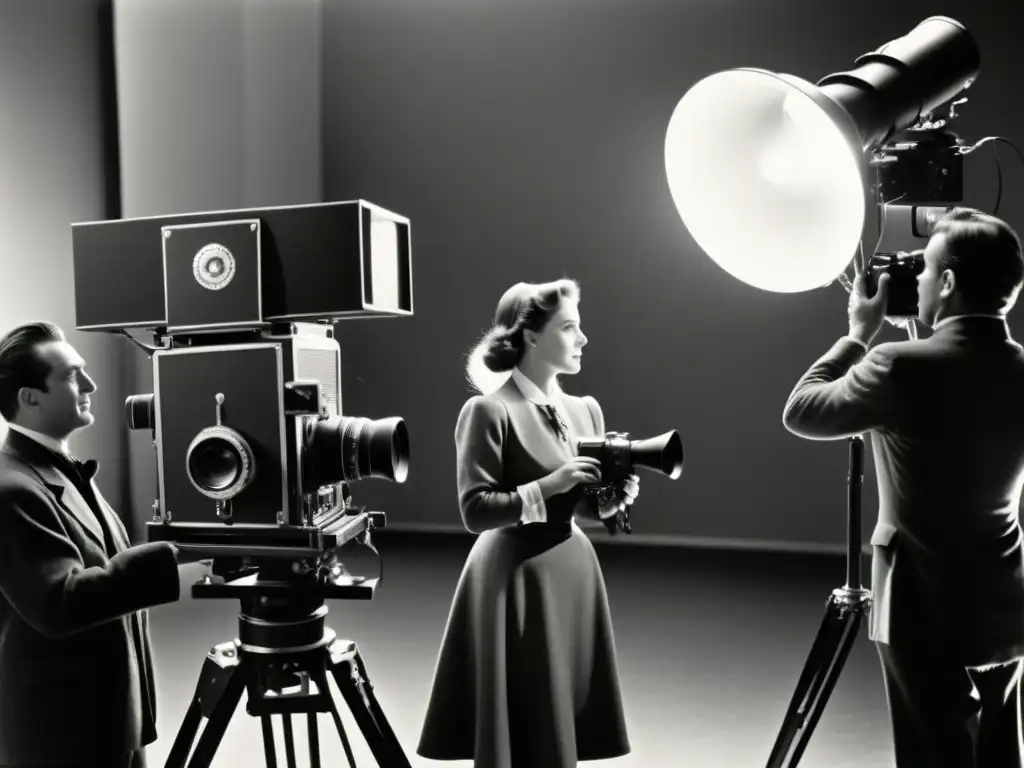 Una imagen en blanco y negro del set de una película antigua muestra actores en trajes de época y equipo de filmación clásico