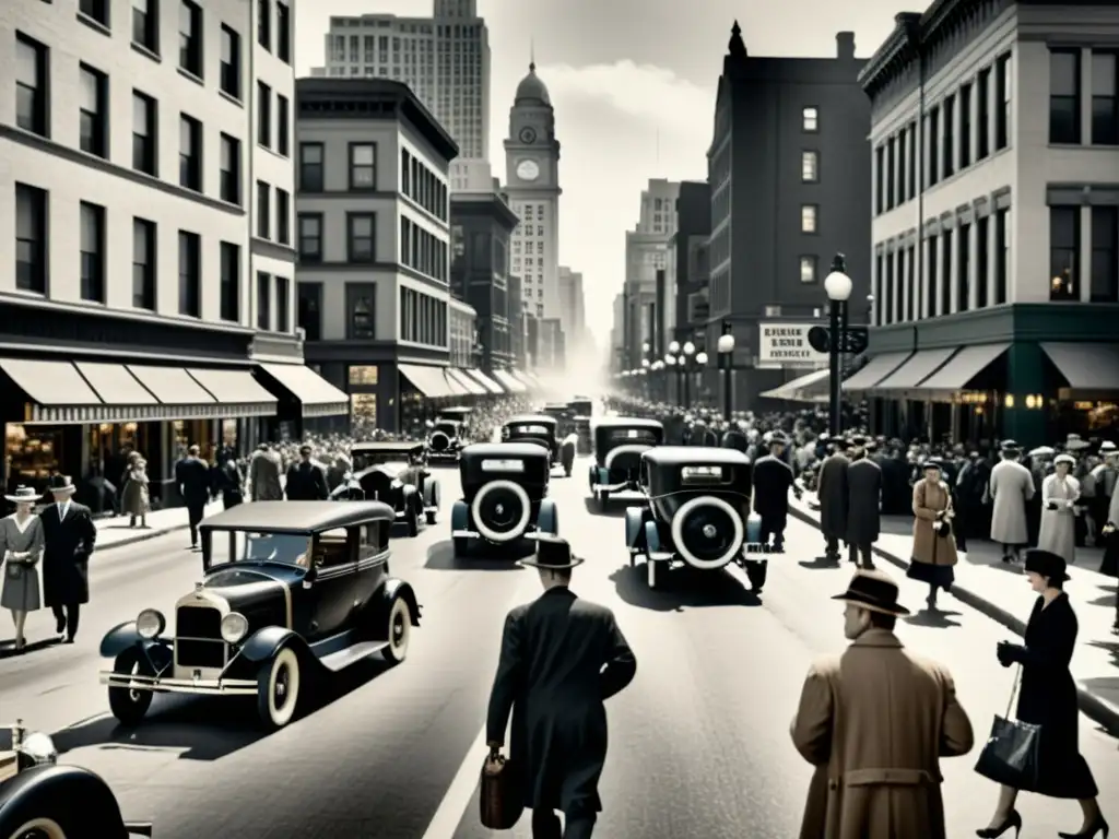 Imagen de una bulliciosa calle de la ciudad en los años 20, con coches antiguos, gente vestida de época y edificios altos