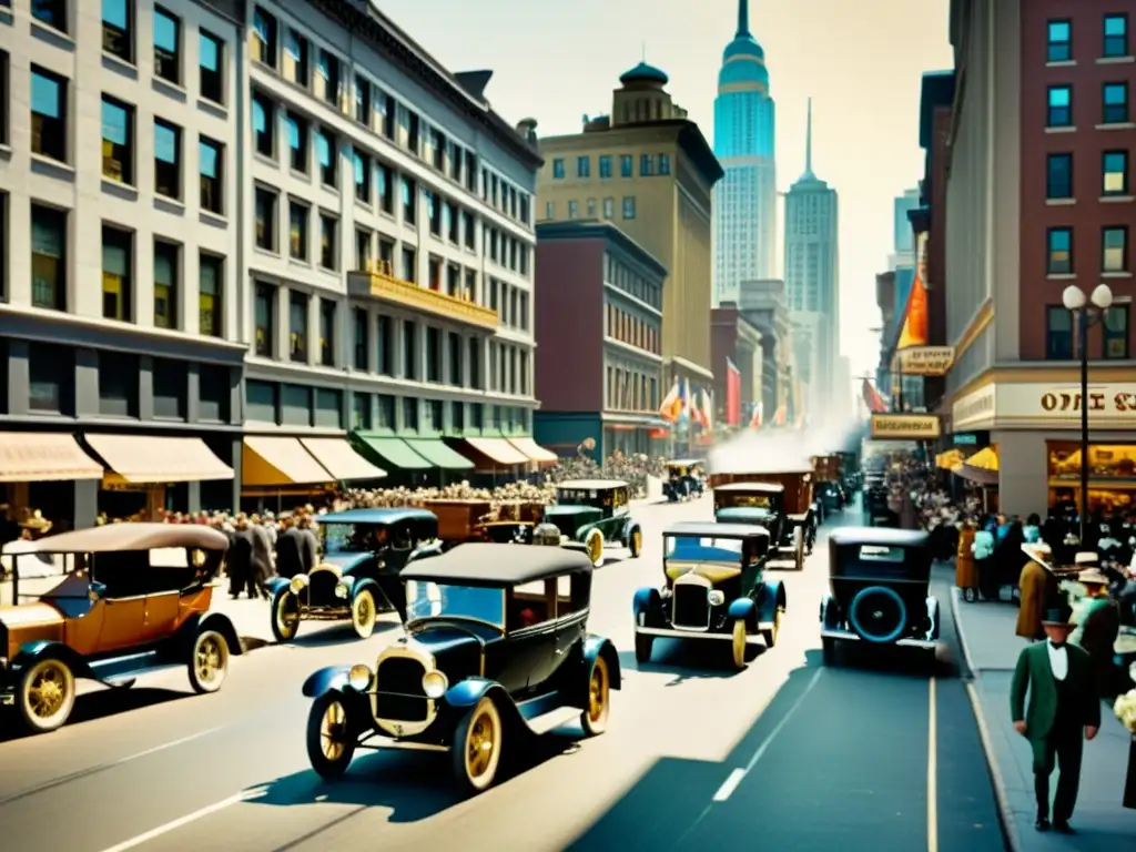 Imagen sepia de una bulliciosa calle de la ciudad del siglo XX con autos clásicos y coches de caballos