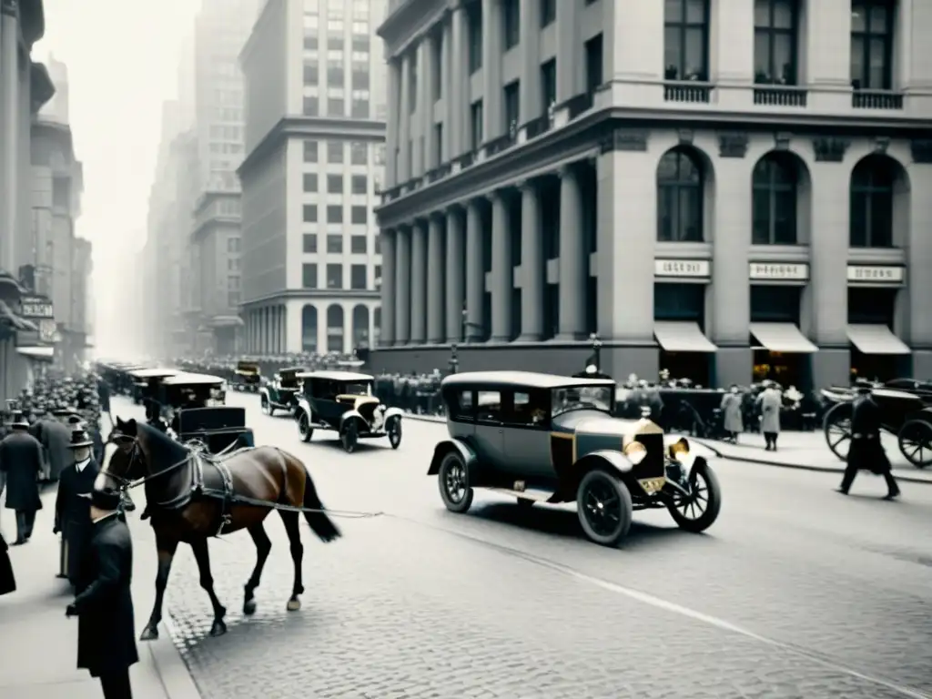 Imagen sepia de la bulliciosa calle de una ciudad antigua con edificios bancarios