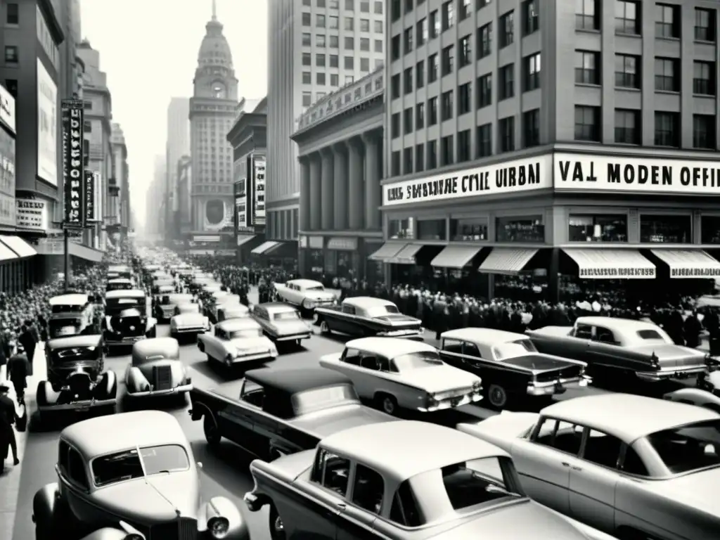 La imagen muestra una bulliciosa calle urbana en blanco y negro, con gente, vehículos antiguos y modernos, evocando progreso e innovación