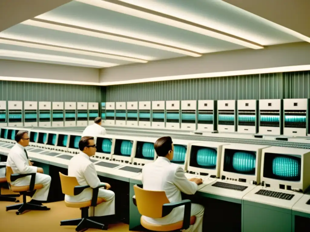 Imagen sepia de una bulliciosa sala de computadoras vintage en los años 60, con tecnología de visualización de datos y científicos en bata blanca