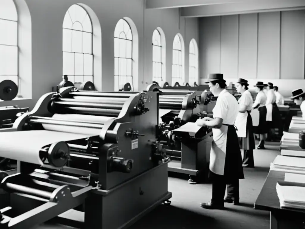 Imagen de una bulliciosa sala de imprenta vintage, con trabajadores operando grandes máquinas