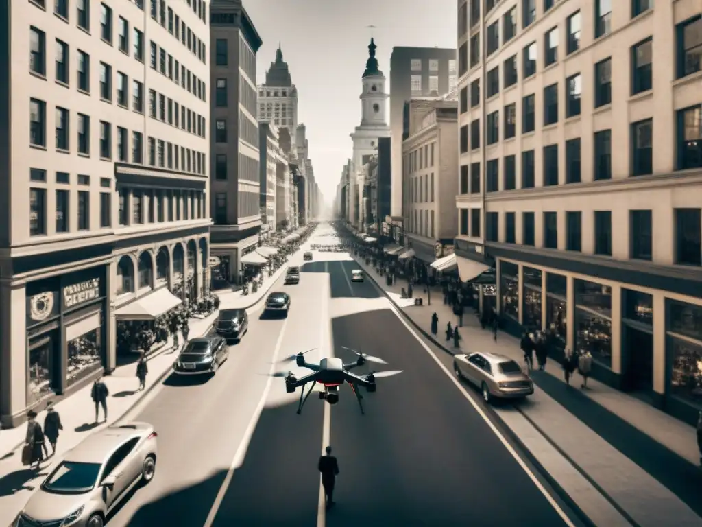 La imagen muestra una calle bulliciosa con un drone proyectando una sombra dramática