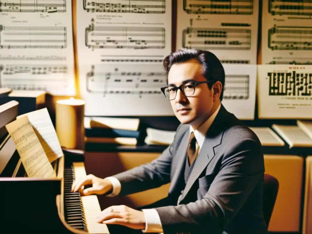 Compositor entre partituras y código: fusión musical y tecnológica Imagen sepia de un compositor rodeado de partituras y notas, con un ordenador antiguo y código de programación en la pantalla