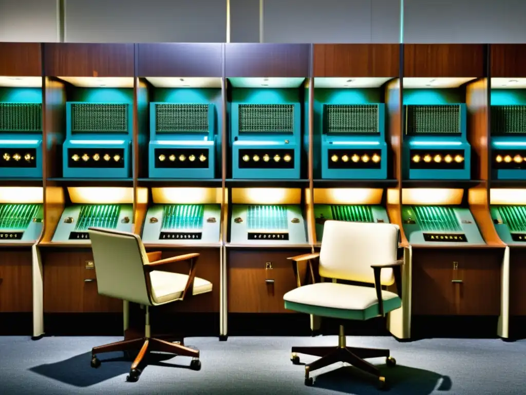 Imagen de la computadora principal IBM 1401 de la década de 1960, rodeada de decoración retro y personas vestidas acorde a la época