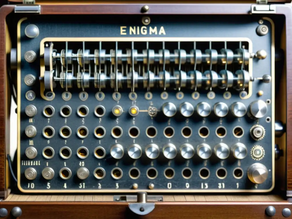 Una imagen detallada y de alta resolución de la máquina Enigma, con sus complejos rotores, cables y componentes mecánicos