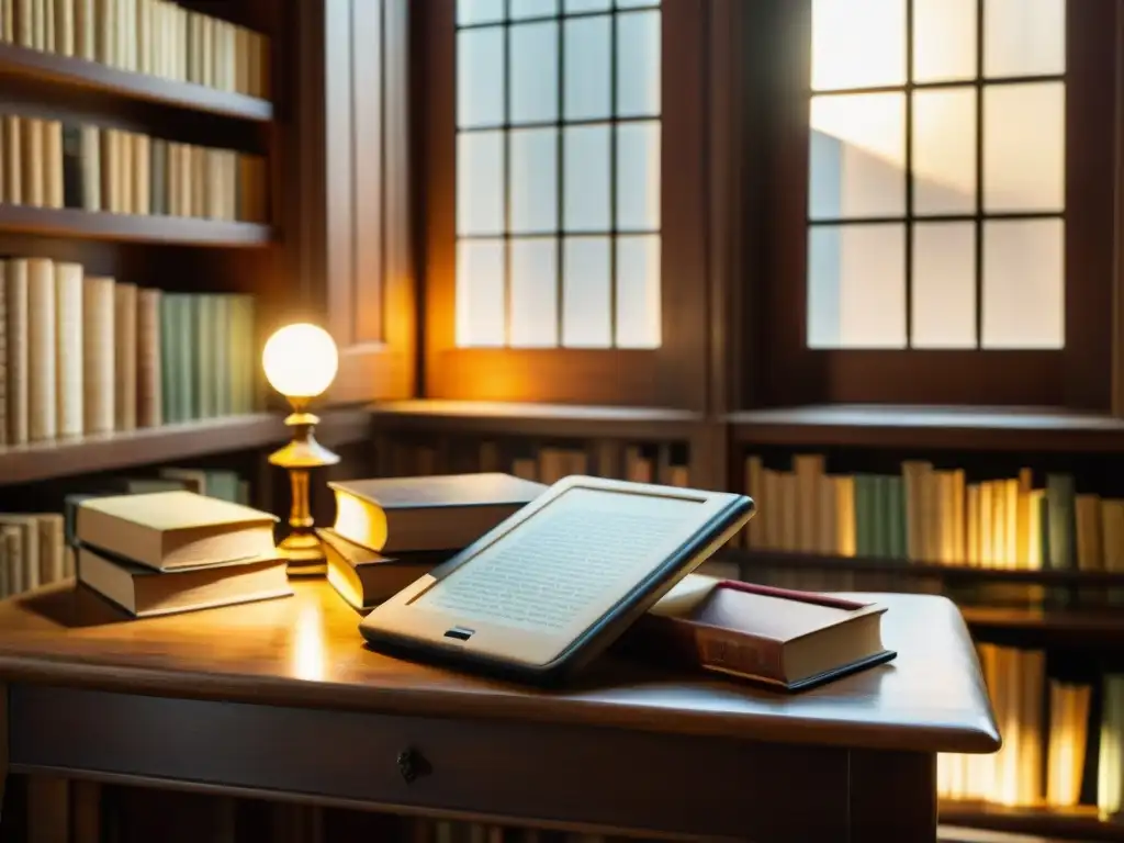 Imagen detallada de una biblioteca vintage con libros antiguos, lectores electrónicos y gafas vintage, evocando la evolución de los lectores electrónicos en un entorno histórico y cálido