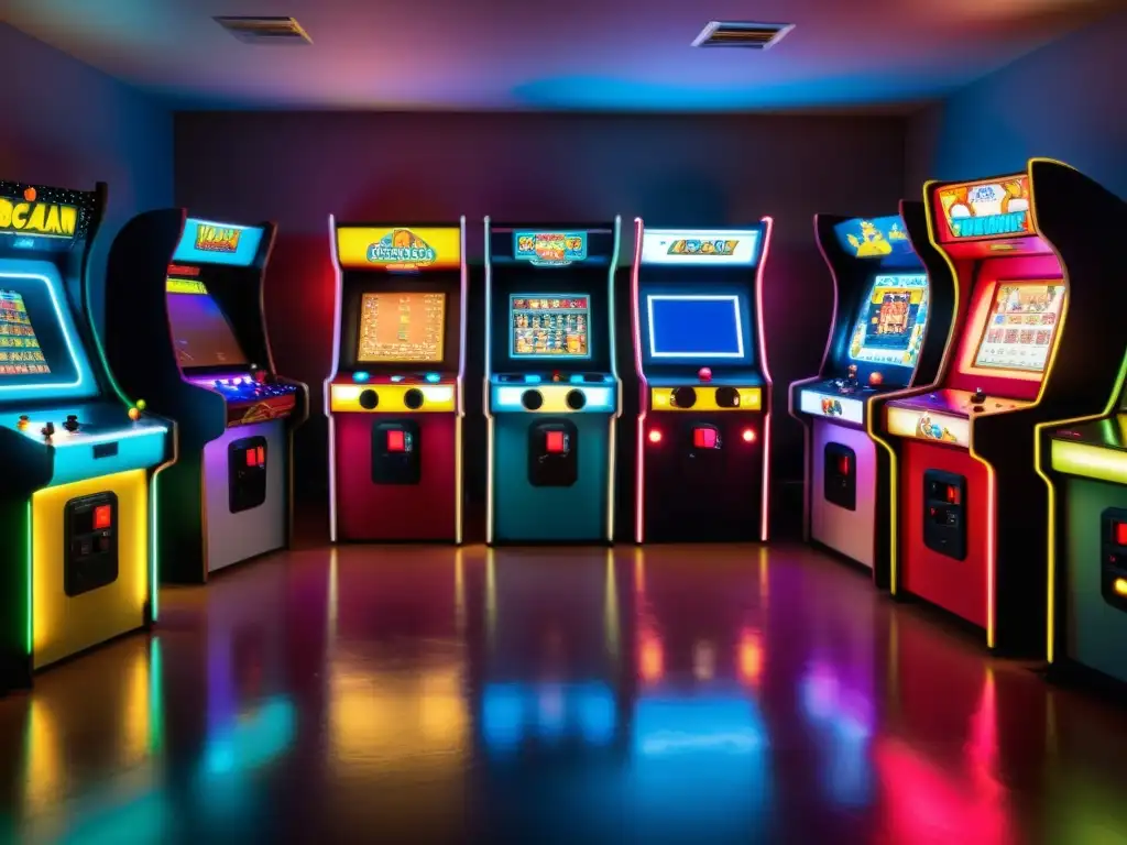 Imagen detallada de un bullicioso arcade vintage con videojuegos clásicos y luces de neón