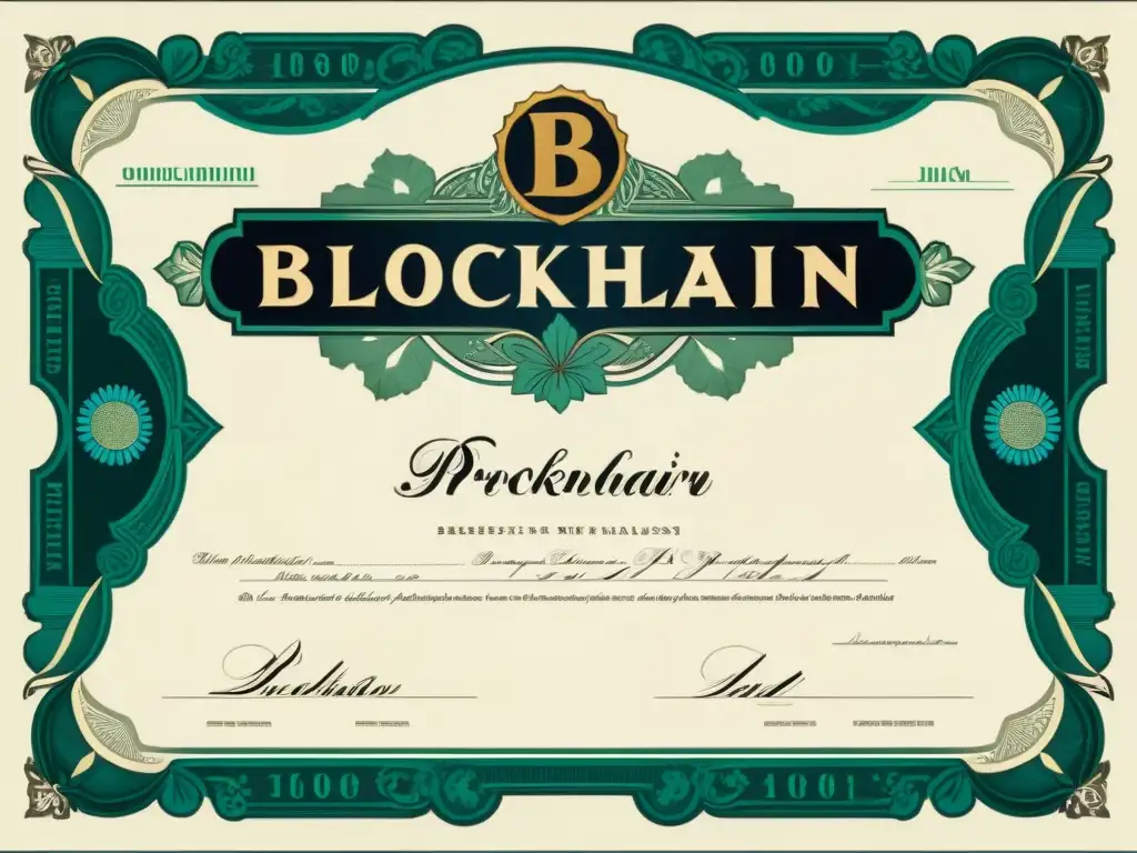 Una imagen detallada de un certificado de acciones vintage con diseños intrincados y caligrafía, destacando la palabra 'Blockchain' en el centro