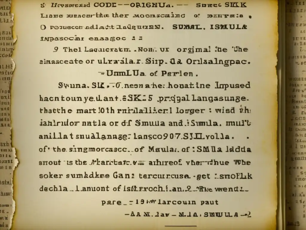 Imagen detallada en 8k del código original del lenguaje de programación Simula precursor de la programación moderna, impreso en papel vintage con anotaciones y correcciones a mano, sobre un escritorio de madera antiguo con equipos informáticos y utensilios científicos