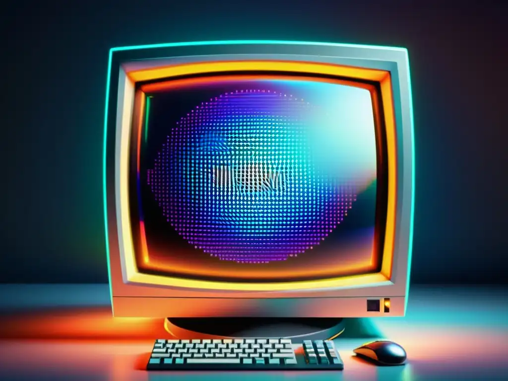 Imagen detallada en 8k de gráfica computarizada temprana, con pixelación intrincada y colores retro