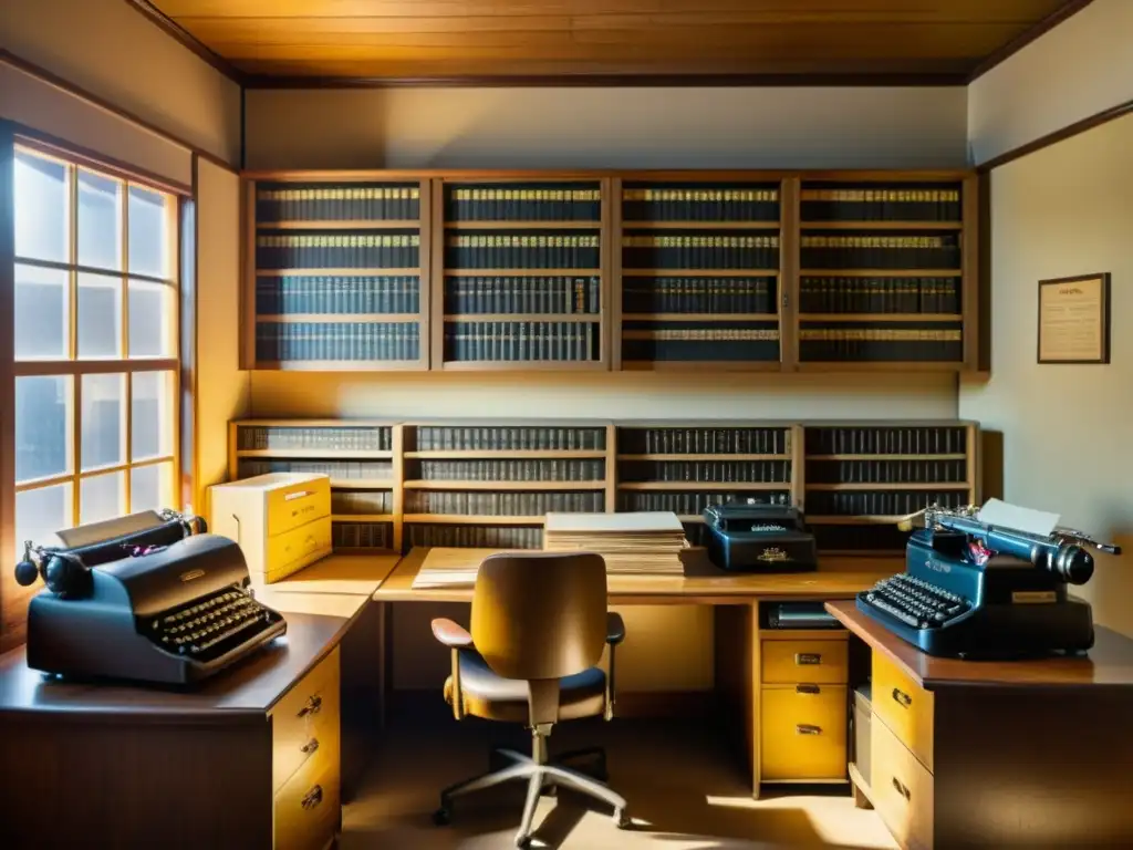 Imagen detallada de una sala de computadoras vintage con escritorios de madera antigua, máquinas de escribir y papeles amarillentos