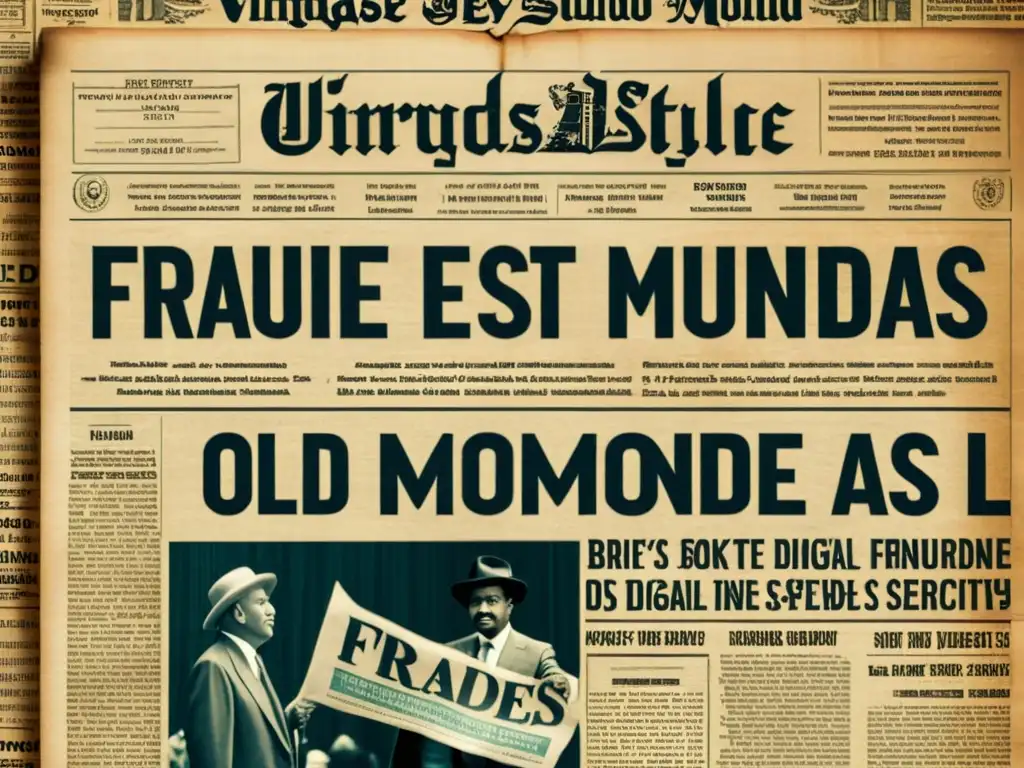 Imagen detallada en 8k de un titular de periódico vintage con el título 'Fraudes y estafas en el mundo de las criptomonedas', rodeado de imágenes de moneda antigua y símbolos de seguridad digital, evocando historia y protección contra fraudes criptomonedas