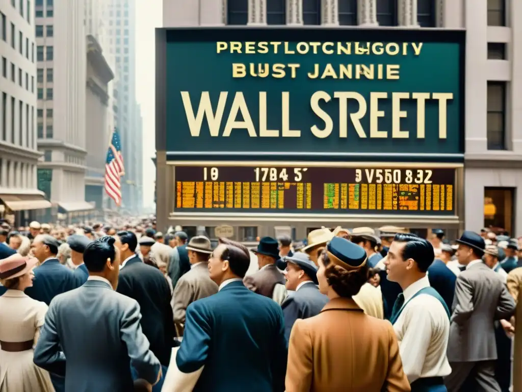 Una imagen detallada y vintage de Wall Street en los años 50, con profesionales elegantes, tecnología financiera y señalización vintage