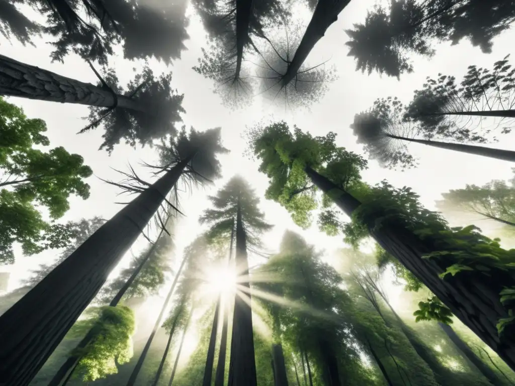 Imagen de un exuberante bosque vintage en blanco y negro, con árboles imponentes que se elevan hacia el cielo