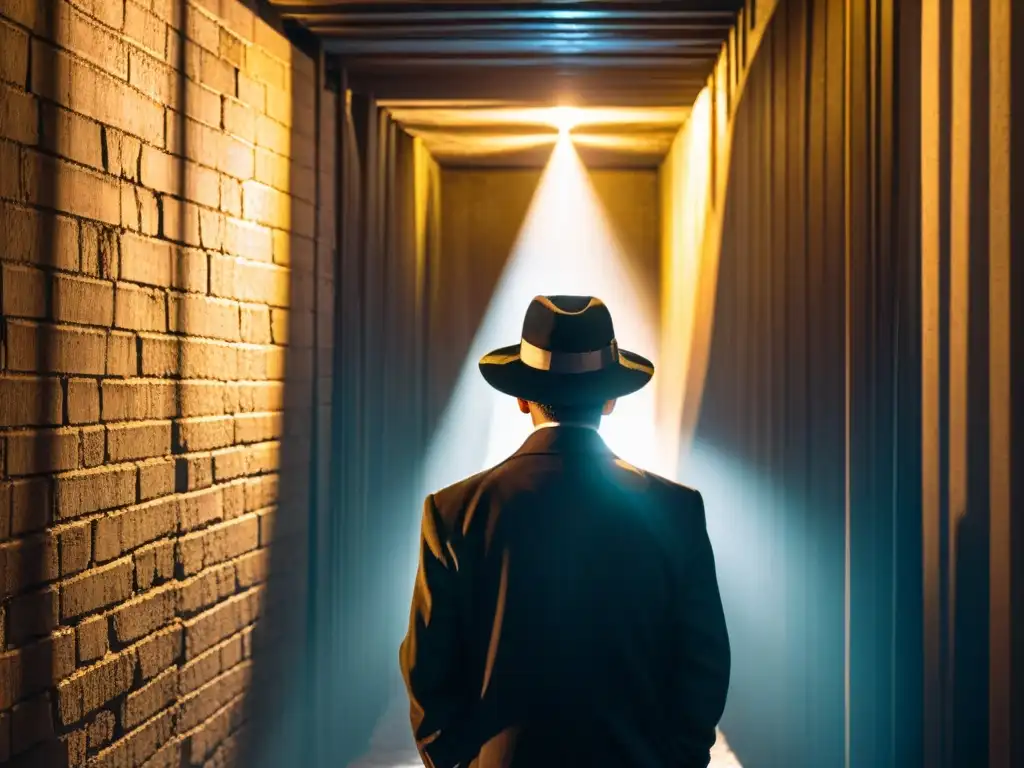 Imagen de ilustración vintage de figura siniestra en callejón oscuro rodeada de tácticas prohibidas de Black Hat SEO, contrastada con luz brillante