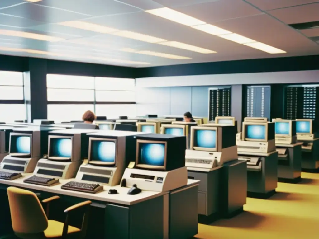 Imagen de laboratorio informático vintage de los 80 con mainframes, manuales polvorientos y personas trabajando