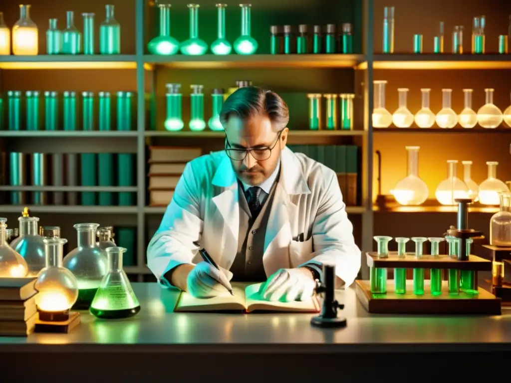 Imagen de un laboratorio vintage con científico examinando muestras bajo microscopio, rodeado de libros antiguos y equipo científico